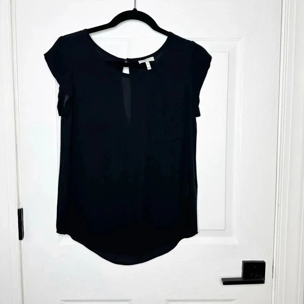 Joie Black 100% Silk Cap Sleeve Keyhole‎ Pocket Blouse Dark Academia Top XS
